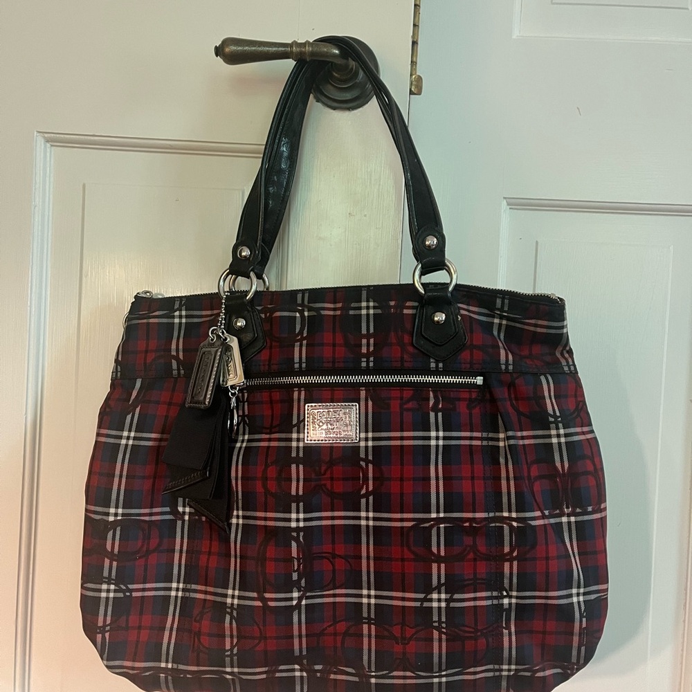 Coach Red Plaid Tote Bag with Black Leather Handles Large